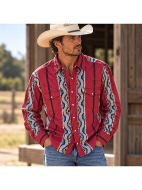 Rustler by Wrangler XL Red Western Snap Shirt Aztec Print Long Sleeve Cotton Vin